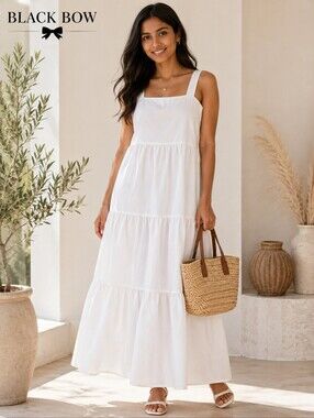BLACK BOW Tiered White Maxi Dress Adjustable straps Pockets NWOT SZ S